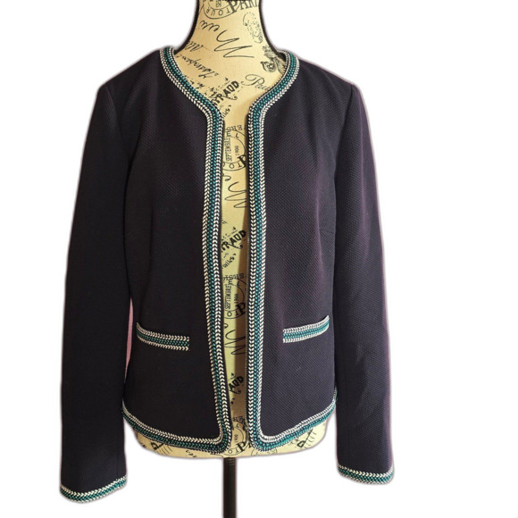 Talbots zipper front navy blazer jacket with pockets embroidered Sz 6 - Picture 5 of 12